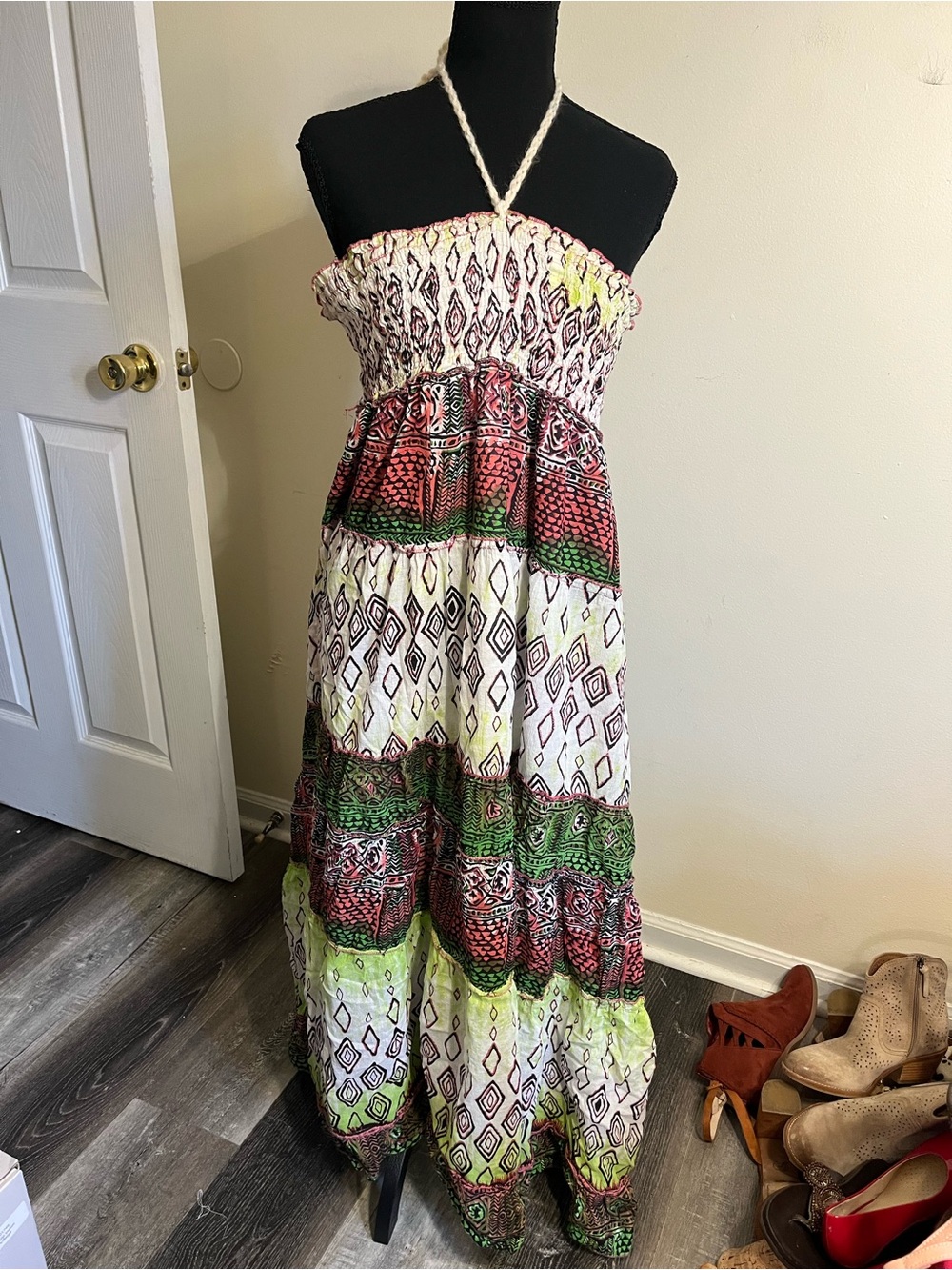 Chaudry KC Bohemian Halter Maxi Dress in White, Red & Green